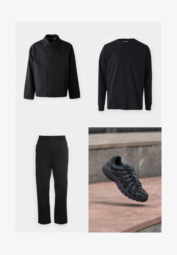 Zwarte, korte jas met een verspreide kraag, twee voorke pockets en lange mouwen. Gemaakt van soepel, lichtgewicht materiaal met subtiele branding.; Zwart langarm t-shirt van katoen, met een ronde halslijn en rechte snit, voorzien van een klein logo detail op de mouw.; Zwarte katoenen broeken met een elastische tailleband, rechte pijpen en zijzakken. Zachte textuur zonder patronen of accenten.; Donkergrijze Nike hardloopschoen met mesh en synthetisch ontwerp, zwevend boven een roze betonoppervlak met een grijze stenen achtergrond.