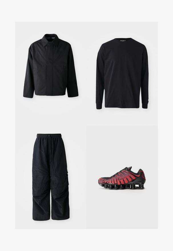 Zwarte, korte jas met een verspreide kraag, twee voorke pockets en lange mouwen. Gemaakt van soepel, lichtgewicht materiaal met subtiele branding.; Zwart langarm t-shirt van katoen, met een ronde halslijn en rechte snit, voorzien van een klein logo detail op de mouw.; Zwarte lichtgewicht nylon cargo pants met elastische tailleband, verstelbare trekkoord en meerdere gelaagde zakken op de benen.; Zwarte en rode sport schoenen hebben een bovenwerk van mesh met verticale strepen en een gewatteerde kraag, ondersteund door een kenmerkende, segmentale zool.