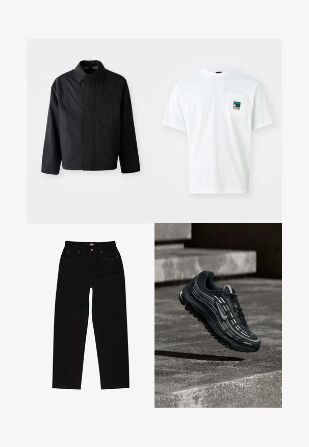Schwarze, kurze Jacke mit umgeschlagenem Kragen, zwei Fronttaschen und langen Ärmeln. Hergestellt aus glattem, leichtem Material mit dezentem Branding.; Weißes Baumwoll-T-Shirt mit kurzen Ärmeln, ausgestattet mit einer Brusttasche, die ein farbiges Grafikmotiv von Bergen und den Text "THE NORTH FACE" zeigt.; Schwarze Jeans aus Denim im geraden Schnitt, mit fünf Taschen, braunen Nähten und einem Reißverschluss. Glatte Textur und hochwertiges Material.; Schwarzer und grauer Nike Air Max Sneaker, der über graue Betonstufen mit strukturiertem Bodenhintergrund schwebt.
