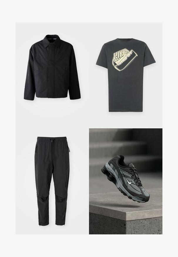 Chaqueta corta negra con cuello amplio, dos bolsillos frontales y mangas largas. Fabricada con un material suave y ligero con una marca sutil.; Camiseta de algodón gris oscuro con cuello redondo. Presenta un gran logo estilizado de "Nike" en un color más claro en la parte delantera.; Pantalones ligeros negros con cintura elástica, cordón ajustable, bolsillos laterales con cremallera, rodilleras articuladas y cremalleras en los tobillos.; Zapatilla deportiva gris y negra con paneles de malla y suela gruesa, posicionada en el aire sobre un saliente de hormigón con escaleras de fondo.