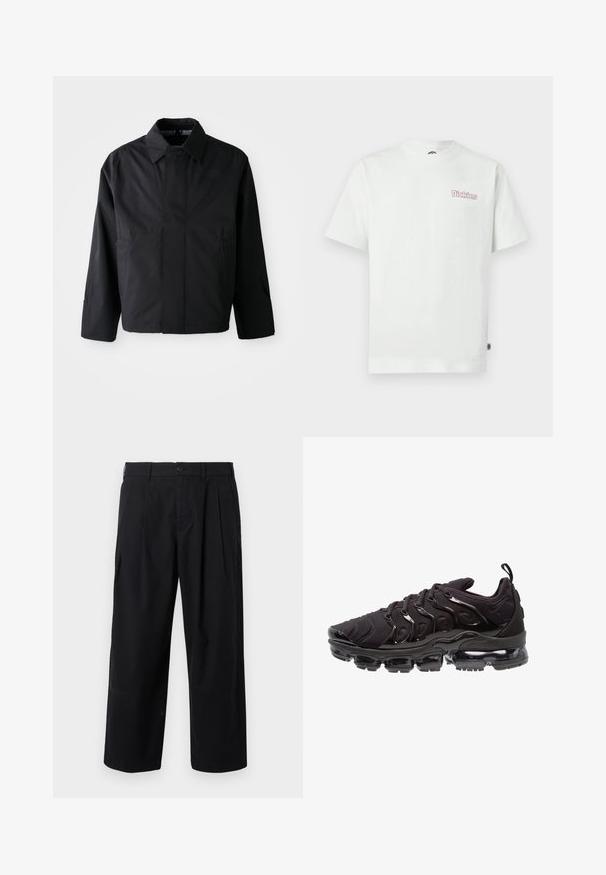 Schwarze, kurze Jacke mit umgeschlagenem Kragen, zwei Fronttaschen und langen Ärmeln. Hergestellt aus glattem, leichtem Material mit dezentem Branding.; Weißes Baumwoll-T-Shirt mit kurzen Ärmeln, Rundhalsausschnitt und einem pinkfarbenen "Dickies"-Logo auf der linken Brust. Glatte Textur.; Schwarze, weit geschnittene Hose mit Gürtelschlaufen, vorderem Knopf, Falten und Seitentaschen, vor einem schlichten hellen Hintergrund dargestellt.; Schwarze Sportschuhe mit einem strukturierten Obermaterial aus Stoff, glänzenden Akzenten und einer ausgeprägten Luftpolstersohle. Verfügt über auffällige wellenartige Designelemente.