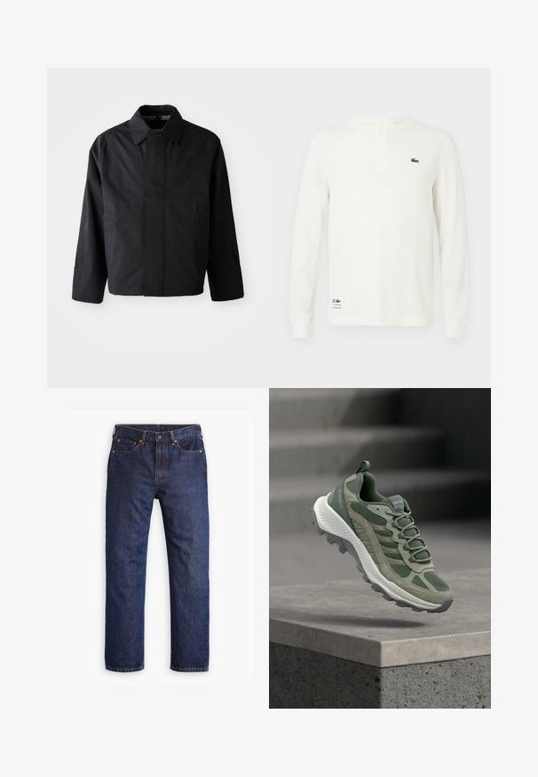Sort, kort jakke med spredt krave, to forreste lommer og lange ærmer. Lavet af glat, let materiale med diskret branding.; Hvid langærmet henley-skjorte med struktureret ribbet stof, tre-knaps placket og grønt broderet krokodillelogo på brystet.; Mørkeblå straight-leg denim jeans med frontknap, lynlås, fem lommer og detaljer i kobbernitter.; Grøn og grå Merrell trail løbesko ophængt over en betonhylde med tekstureret sål og netoverdel.