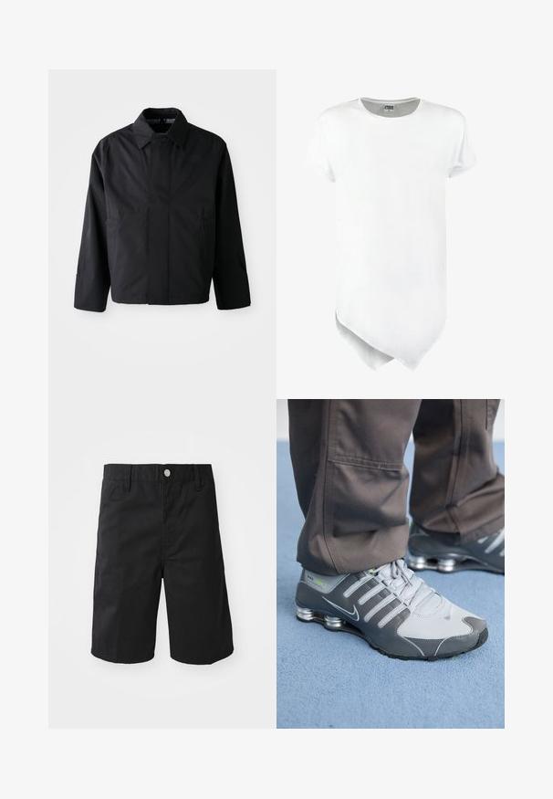 Zwarte, korte jas met een verspreide kraag, twee voorke pockets en lange mouwen. Gemaakt van soepel, lichtgewicht materiaal met subtiele branding.; Korte mouw witte t-shirt met een ronde halslijn en een asymmetrische zoom, gemaakt van een katoenen mixstof met een gladde textuur.; Zwarte katoenen shorts met een rechte snit, riemlussen, een metalen knoopsluiting en zonder zichtbare patronen of accenten.; Grijze en zilveren Nike Shox sneakers hebben een strakke uitstraling, met een combinatie van mesh en synthetische materialen, een ronde neus en een gevoerde kraag.