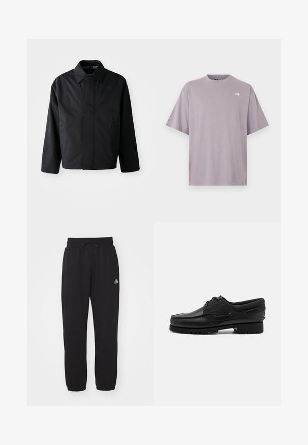 Zwarte, korte jas met een verspreide kraag, twee voorke pockets en lange mouwen. Gemaakt van soepel, lichtgewicht materiaal met subtiele branding.; T-shirt met korte mouwen en ronde hals in lichtpaarse katoen met een klein wit logo op de linkerbovenborst. Gladde textuur, comfortabele pasvorm.; Zwarte sweatpants van zachte stof, met een elastische tailleband en trekkoord, smalle boorden bij de enkels en een klein logo op de bovenkant van de bovenbeen.; Zwarte schoen met een leren bovenzijde, textiele accenten, ronde veters en een getextureerde rubberen zool. Voorzien van mocassin-stiksel en merkdetails.