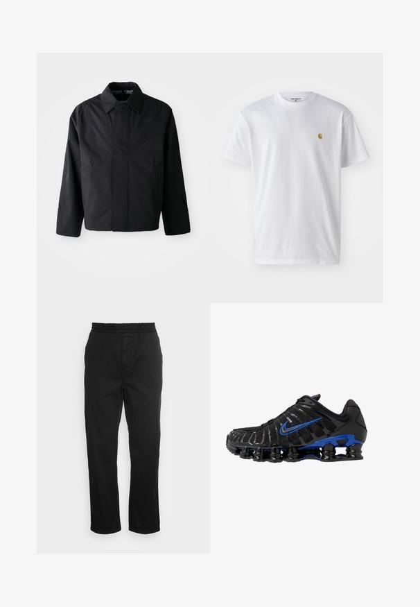 Sort, kort jakke med spredt krave, to forreste lommer og lange ærmer. Lavet af glat, let materiale med diskret branding.; Hvid bomulds t-shirt med korte ærmer, rund hals og et lille guld logo på venstre brystområde. Blød tekstur og almindelig pasform.; Sorte bomuldsbukser med elastisk talje, lige ben og sidelommer. Glat tekstur uden mønstre eller accenter.; Sort atletiksko med en mesh-overdel og skinnende accenter. Har blå swoosh, polstret krave og fremtrædende sort gummisål med synlig dæmpning.