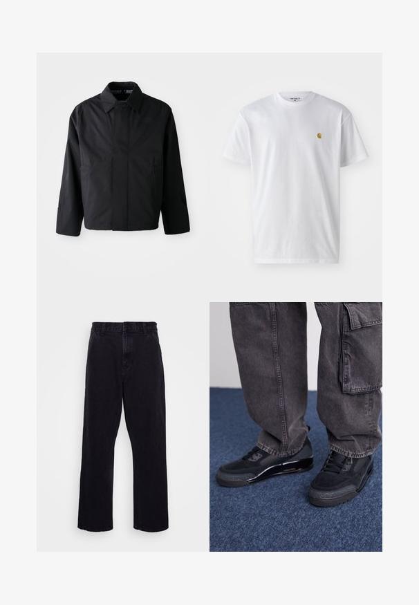 Zwarte, korte jas met een verspreide kraag, twee voorke pockets en lange mouwen. Gemaakt van soepel, lichtgewicht materiaal met subtiele branding.; Witte katoenen t-shirt met korte mouwen en ronde hals, voorzien van een klein gouden logo op de linkerkant van de borst. Zachte textuur en een normale pasvorm.; Zwarte denim broek met een rechte pijpdesign, voorzien van een knoop- en ritssluiting, riemlussen en minimale stikdetails.; Zwarte sportieve schoenen met een gestructureerd oppervlak, gladde accenten en een chunky zool, gecombineerd met donkere, loszittende cargo pants.