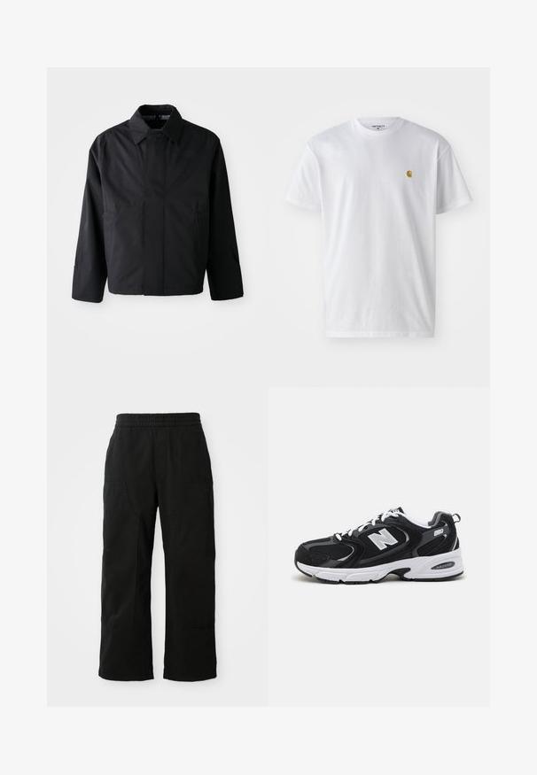 Zwarte, korte jas met een verspreide kraag, twee voorke pockets en lange mouwen. Gemaakt van soepel, lichtgewicht materiaal met subtiele branding.; Witte katoenen t-shirt met korte mouwen en ronde hals, voorzien van een klein gouden logo op de linkerkant van de borst. Zachte textuur en een normale pasvorm.; Zwarte katoenen broek met een elastische tailleband, wijd gesneden ontwerp en grote zijzakken. De stof lijkt zacht met een gladde textuur.; Zwarte en grijze sport schoenen met een bovenwerk van mesh en suede, voorzien van een witte tussenzool, veters en een gedurfde "N"-logo aan de zijkant.
