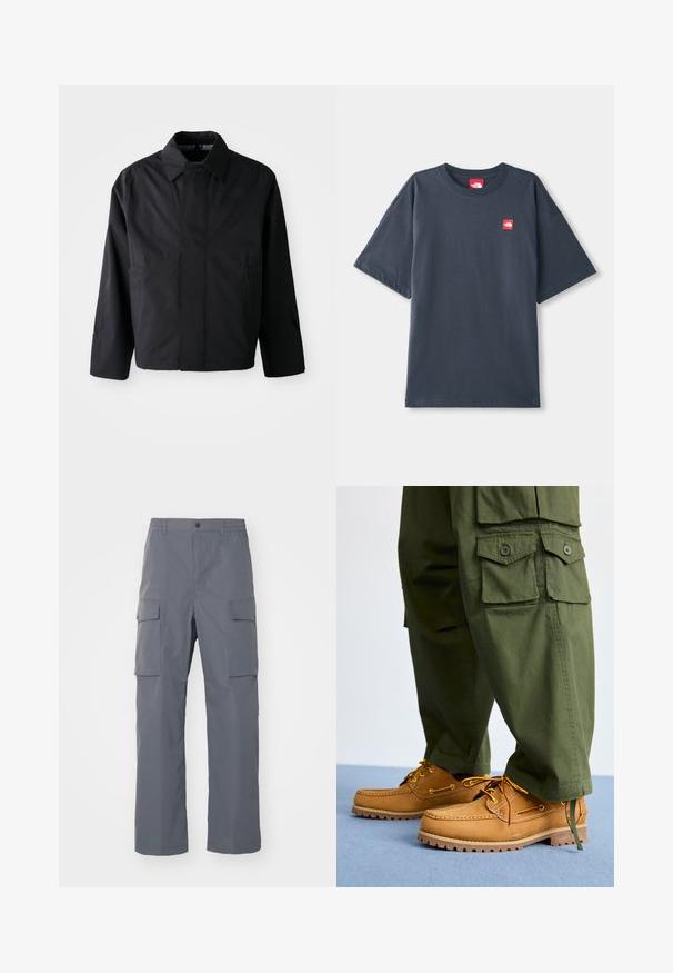 Zwarte, korte jas met een verspreide kraag, twee voorke pockets en lange mouwen. Gemaakt van soepel, lichtgewicht materiaal met subtiele branding.; Donker marineblauw T-shirt met korte mouwen, gemaakt van katoen, met een rood logo-embleem op de linkerborst en een klassieke ronde hals.; Grijze cargobroek van duurzaam materiaal. Kenmerken zijn een elastische tailleband, twee grote zijzakken en een rechte pijp.; Timberland AUTHENTIC 3 EYE - Bootschoenen - wheat