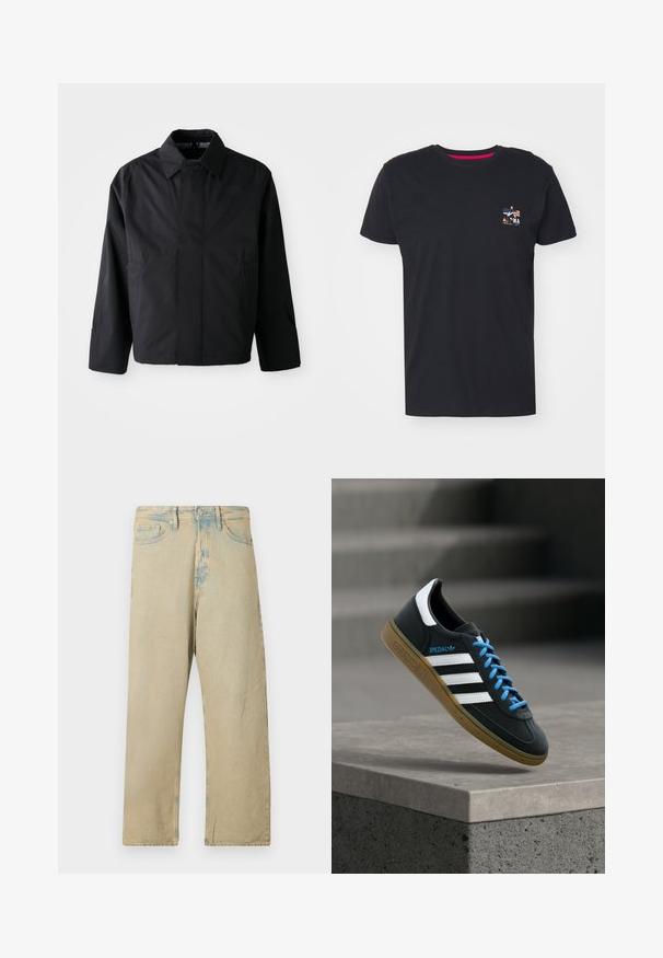 Chaqueta corta negra con cuello amplio, dos bolsillos frontales y mangas largas. Fabricada con un material suave y ligero con una marca sutil.; Camiseta de algodón negra con cuello redondo. Presenta un pequeño logo multicolor en el lado izquierdo del pecho. Mangas cortas y dobladillo recto.; Pantalones de mezclilla beige con un corte holgado, que presentan un lavado desgastado y sutiles acentos en azul claro en la cintura y los bordes.; Zapatilla negra Adidas con franjas blancas, cordones azules y suela de goma flotando sobre un escalón de hormigón gris con luz suave.