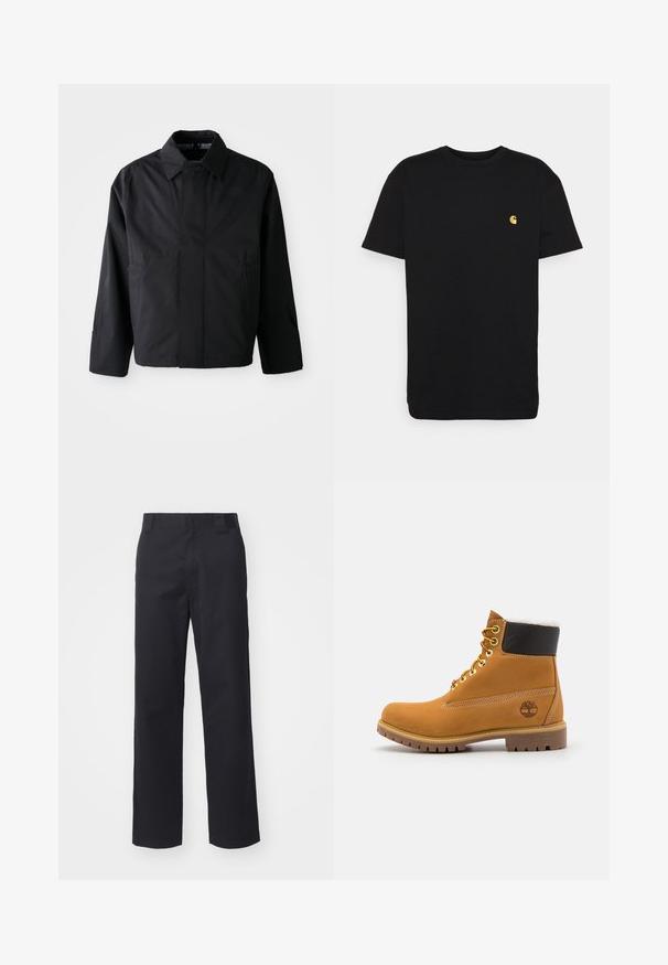 Chaqueta corta negra con cuello amplio, dos bolsillos frontales y mangas largas. Fabricada con un material suave y ligero con una marca sutil.; Camiseta de algodón negra con mangas cortas, cuello redondo y un pequeño logo amarillo en el área del pecho izquierdo. Diseño simple y ajuste regular.; Pantalones rectos negros hechos de una mezcla de algodón. Cuentan con una cintura plana con presillas para cinturón y sin hardware o adornos visibles.; Botín de cuero marrón con ojales de metal, forro de piel sintética blanca, cuello acolchado negro, suela resistente y logotipo en relieve en el costado.