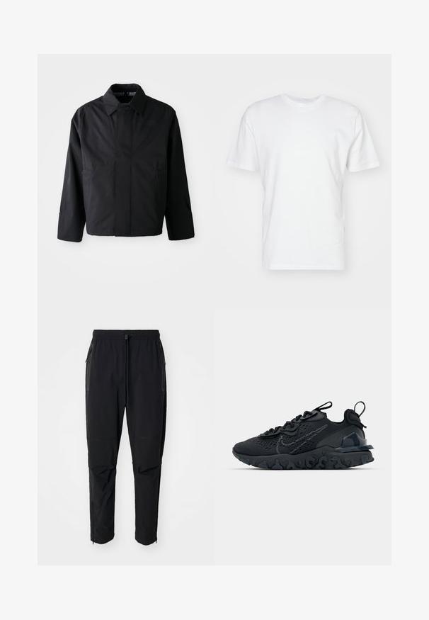 Schwarze, kurze Jacke mit umgeschlagenem Kragen, zwei Fronttaschen und langen Ärmeln. Hergestellt aus glattem, leichtem Material mit dezentem Branding.; Weißes Baumwoll-T-Shirt mit kurzen Ärmeln, Rundhalsausschnitt und glatter Textur. Einfaches Design ohne Muster oder Grafiken.; Schwarze, leichte outdoor Hosen mit elastischem Bund und verstellbarem Zugschnur. Ausgestattet mit Reißverschlusstaschen und tapered Bündchen.; Schwarzer Sportschuh mit atmungsaktivem Mesh-Obermaterial, strukturierten Akzenten und einer wellenförmigen Gummisohle. Verfügt über ein reflektierendes Logo und ein Schnürsystem.