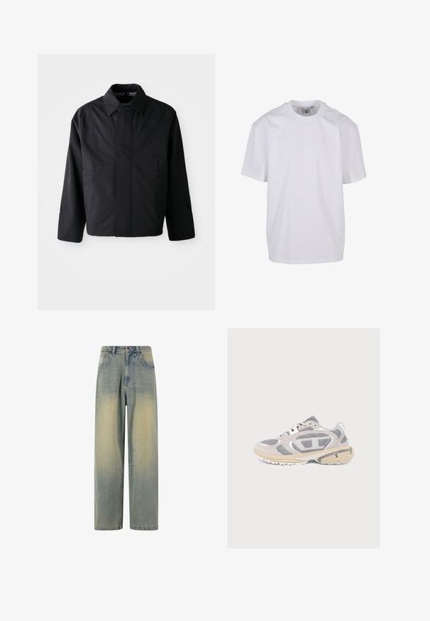 Chaqueta corta negra con cuello amplio, dos bolsillos frontales y mangas largas. Fabricada con un material suave y ligero con una marca sutil.; Camiseta blanca lisa de manga corta con cuello redondo, con un pequeño logo sutil en el pecho izquierdo y una etiqueta dentro del cuello.; Jeans de mezclilla de pierna ancha en un azul claro con un degradado desvanecido, que cuentan con cinco bolsillos y una cinturilla clásica con pasadores para el cinturón.; Zapatilla deportiva gris y beige con tejido de malla, cierre de cordones y suela gruesa de goma con agarre texturizado sobre un fondo liso.