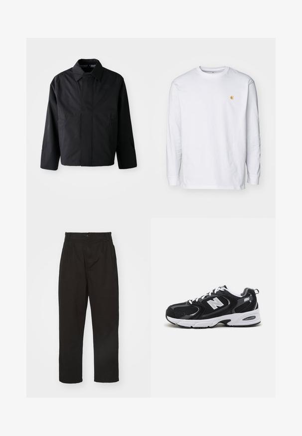 Schwarze, kurze Jacke mit umgeschlagenem Kragen, zwei Fronttaschen und langen Ärmeln. Hergestellt aus glattem, leichtem Material mit dezentem Branding.; Weißes Langarm-T-Shirt aus Baumwolle. Mit kleinem goldenem Logo auf der Brust und Rundhalsausschnitt. Einfaches Design und normale Passform.; Schwarze Hose aus glattem Stoff, mit Knopfverschluss, geradem Schnitt und zwei vorderen Falten für zusätzlichen Detail.; Schwarze und graue Sportschuhe mit Obermaterial aus Mesh und Wildleder, ausgestattet mit einer weißen Zwischensohle, Schnürsenkeln und einem markanten "N"-Logo an der Seite.