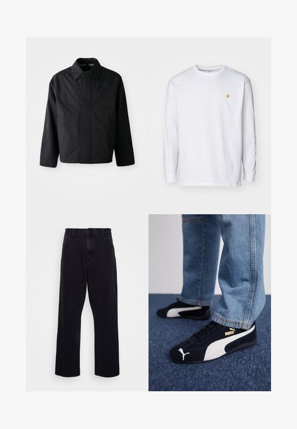 Schwarze, kurze Jacke mit umgeschlagenem Kragen, zwei Fronttaschen und langen Ärmeln. Hergestellt aus glattem, leichtem Material mit dezentem Branding.; Weißes Langarm-T-Shirt aus Baumwolle. Mit kleinem goldenem Logo auf der Brust und Rundhalsausschnitt. Einfaches Design und normale Passform.; Schwarze Jeanshose mit geradem Bein, ausgestattet mit einem Knopf- und Reißverschluss, Gürtelschlaufen und minimalen Nähdetails.; Schwarze Wildledersneaker mit weißen Akzenten und einem goldenen Logo. Getragen mit hellblauen Jeans und auf einer strukturierten blauen Oberfläche platziert.