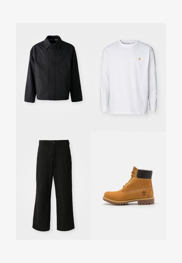 Schwarze, kurze Jacke mit umgeschlagenem Kragen, zwei Fronttaschen und langen Ärmeln. Hergestellt aus glattem, leichtem Material mit dezentem Branding.; Weißes Langarm-T-Shirt aus Baumwolle. Mit kleinem goldenem Logo auf der Brust und Rundhalsausschnitt. Einfaches Design und normale Passform.; Schwarze weit geschnittene Hose aus weichem Stoff, mit Fronttaschen und einem Knopfverschluss an der Taille. Minimalistisches Design ohne sichtbare Muster.; Braune Leder-Ankle-Boots mit Metallösen, weißem Kunstfellfutter, schwarzem gepolstertem Kragen, robustem Sohlenprofil und geprägtem Logo an der Seite.