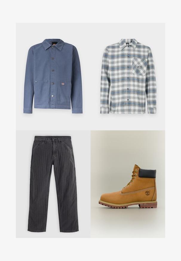 Veste bleue à boutons-pression avec col, deux poches avant, boutons-pression en métal et petit patch logo sur la poche droite.; Chemise à manches longues à carreaux gris, bleu et blanc. Dispose d'un col boutonné et d'une poche poitrine gauche avec un patch logo.; Pantalons à rayures noires en tissu mélangé coton. Présentent un design à jambe droite, des poches latérales et une fermeture à bouton.; Bottine en cuir marron avec col noir, lacets jaunes et semelle beige. Présente un logo et des détails de couture blanche. Semelle extérieure à traction robuste.