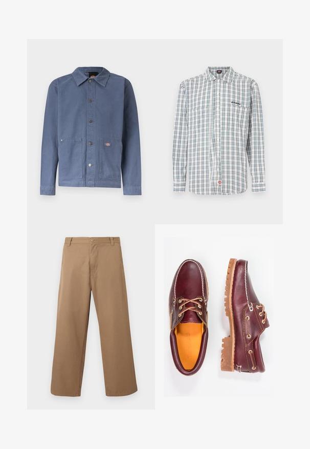 Veste bleue à boutons-pression avec col, deux poches avant, boutons-pression en métal et petit patch logo sur la poche droite.; Chemise à carreaux boutonnée en blanc, vert et bleu. Elle comporte des manches longues, un col, deux poches avant et une broderie de logo sur la poitrine.; Pantalon beige à jambes larges avec passants pour ceinture, bouton sur le devant et fermeture éclair, présenté sur un fond clair uni.; Chaussures en cuir bourgogne avec semelles en caoutchouc marron, bout rond, couture blanche et œillets dorés. L'intérieur présente une doublure jaune.