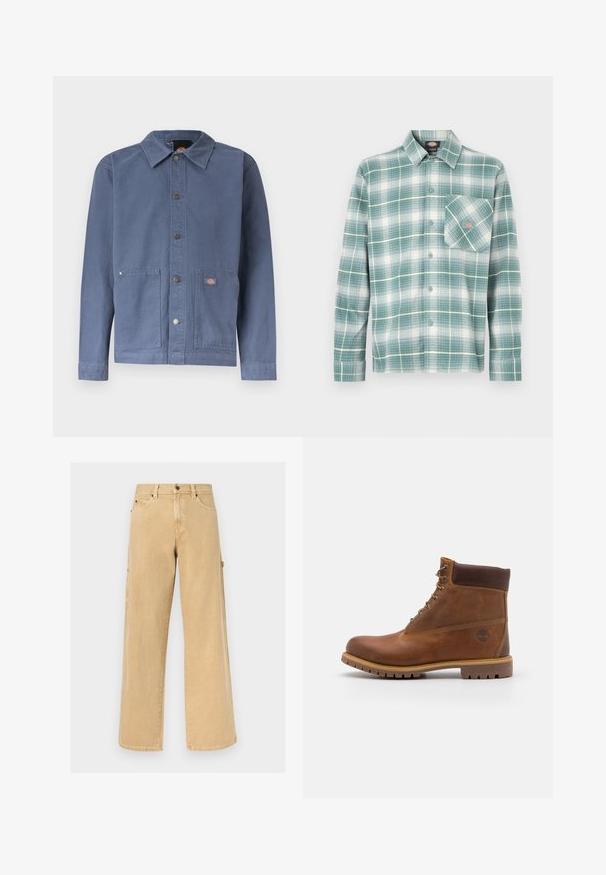 Veste bleue à boutons-pression avec col, deux poches avant, boutons-pression en métal et petit patch logo sur la poche droite.; Chemise à carreaux vert et blanc, en flanelle. Dotée d'un col boutonné, de manches longues et d'une poche unique sur le côté gauche de la poitrine.; Pantalon de travail beige à jambes droites avec passants pour ceinture, poches avant et latérales, ainsi qu'une boucle pour marteau sur fond uni.; Botte de randonnée en cuir marron avec une finition lisse, cheville rembourrée, œillets en métal et semelle en caoutchouc dotée d'un motif de crampons robuste.
