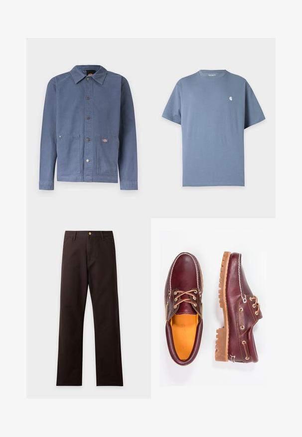 Veste bleue à boutons-pression avec col, deux poches avant, boutons-pression en métal et petit patch logo sur la poche droite.; T-shirt bleu uni à manches courtes avec un petit logo blanc sur la poitrine gauche et un col rond.; Pantalon marron foncé à jambes droites avec poches avant, fermeture boutonnée et passants de ceinture, présenté sur un fond clair uni.; Chaussures en cuir bourgogne avec semelles en caoutchouc marron, bout rond, couture blanche et œillets dorés. L'intérieur présente une doublure jaune.