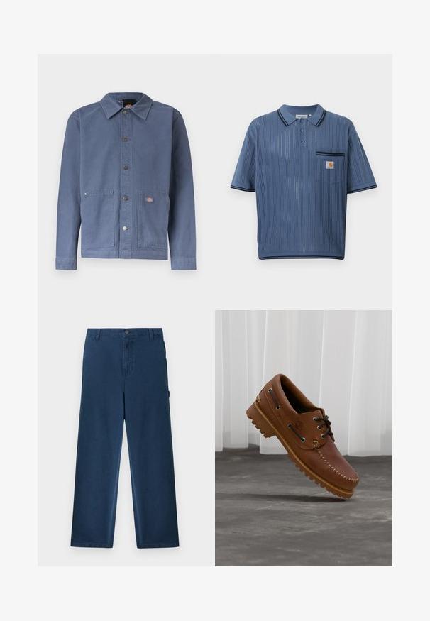 Veste bleue à boutons-pression avec col, deux poches avant, boutons-pression en métal et petit patch logo sur la poche droite.; Polo en maille bleu avec rayures verticales ajourées, patte de boutonnage à trois boutons, poche poitrine avec logo Carhartt et bordures noires sur le col et les manches.; Pantalon en velours côtelé bleu marine à jambes droites, avec passants de ceinture, bouton avant, fermeture éclair et poches latérales.; Chaussure de bateau en cuir marron avec des lacets noirs, des coutures beiges et une semelle robuste, suspendue au-dessus d'un sol en béton gris.