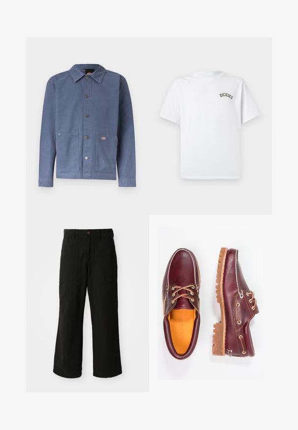 Veste bleue à boutons-pression avec col, deux poches avant, boutons-pression en métal et petit patch logo sur la poche droite.; T-shirt en coton blanc à manches courtes et col rond. Présente un logo "DICKIES" vert brodé sur la zone gauche de la poitrine.; Pantalons noirs à large jambe en tissu doux, dotés de poches avant et d'une fermeture à bouton à la taille. Design minimaliste sans motifs visibles.; Chaussures en cuir bourgogne avec semelles en caoutchouc marron, bout rond, couture blanche et œillets dorés. L'intérieur présente une doublure jaune.