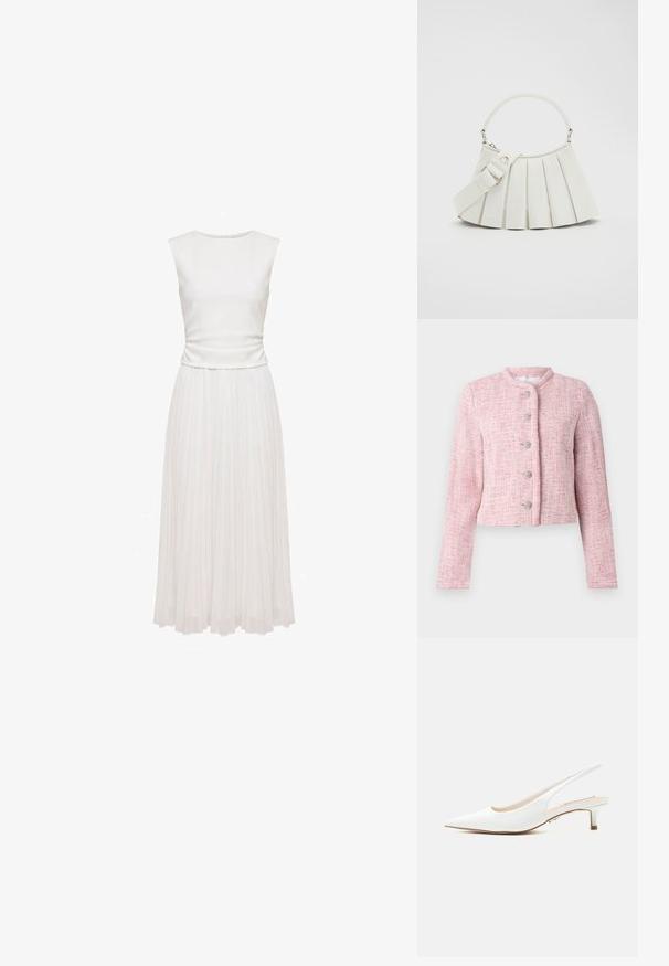 Chaqueta corta de tweed rosa con cuello redondeado, cinco botones plateados y mangas largas. Tejido texturizado con un patrón de espiga en todo el tejido.; Vestido blanco sin mangas con corpiño ajustado y falda larga plisada, exhibido sobre un fondo blanco liso.; Zapato slingback de cuero blanco con punta afilada y tacón bajo tipo kitten sobre un fondo claro y liso.; Lacoste LENGLEN BAG - Bolso de mano - cristalline