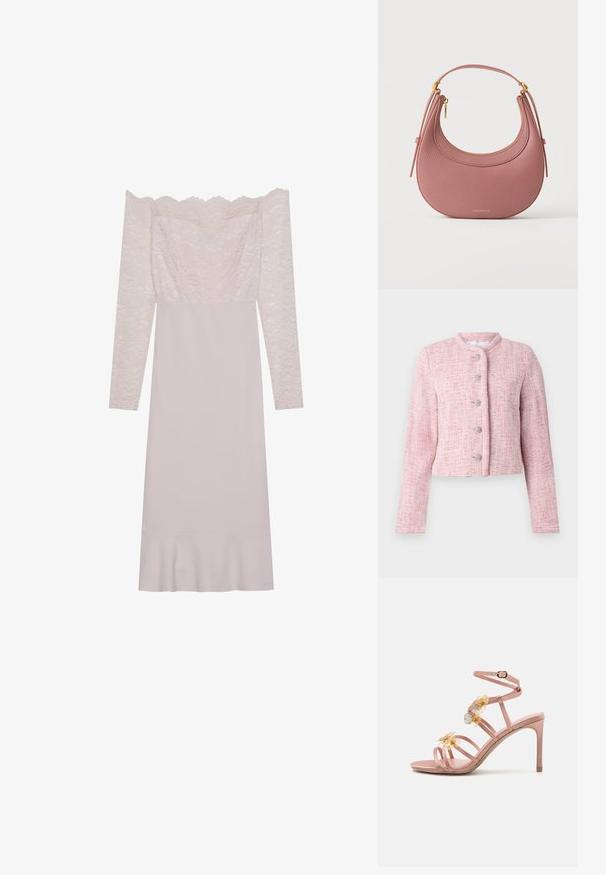 Kurze pinke Tweedjacke mit rundem Kragen, fünf silbernen Knöpfen und langen Ärmeln. Textil mit durchgehendem Fischgrätmuster.; Schulterfreies, langärmliges Kleid aus zartrosa Spitze und glattem Stoff, mit einem ausgestellten Saum und aufwendigen Spitzenverzierungen am Oberteil.; Rosa High Heels Sandale mit floralen Akzenten, aus satinähnlichem Material gefertigt, mit schmalem Knöchelriemen und offenem Zehenbereich.; Pink strukturierte Leder-Halbmondtasche mit kurzem Henkel, goldenem Reißverschluss und kleinem goldenem Logo, zentriert nahe dem unteren Rand.