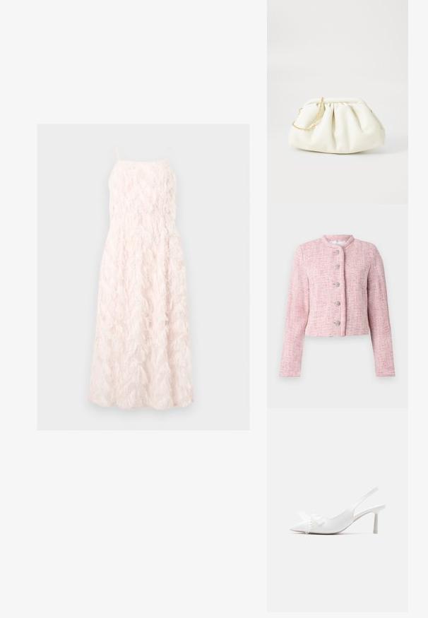 Kurze pinke Tweedjacke mit rundem Kragen, fünf silbernen Knöpfen und langen Ärmeln. Textil mit durchgehendem Fischgrätmuster.; Langes, blassrosa, ärmelloses Kleid mit Spaghettiträgern und strukturierten, federähnlichen Stoffdetails.; Weißer Slingback-Kitten-Heel mit spitz zulaufender Spitze und Perlenherz- sowie Schleifendetails am Obermaterial.; Weiße Lederhandtasche mit einem gerafften Design, ausgestattet mit einem goldenen Kettenriemen und einer runden Form. Glatte Textur mit sanften Falten und ohne Muster.