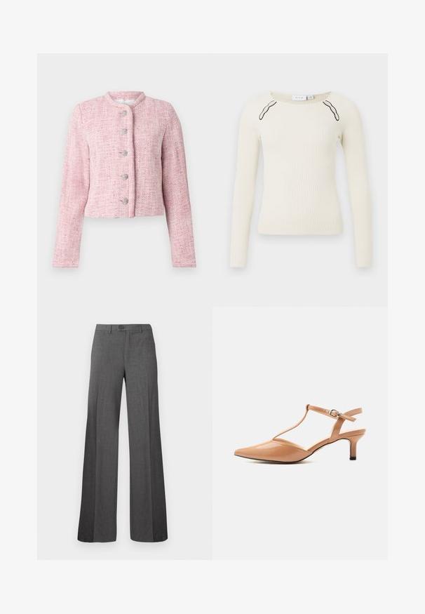 Lühike roosa tweed jakk ümarate krae, viie hõbedase nööbiga ja pikkade varrukatega. Tekstuuriga kangas, millel on toda herringbone muster.; Ribaga pikka varrukaga topp off-white värvuses, ümmarguse kaelusega ja kontrastsete mustade aktsentidega õlgadel. Kootud tekstuur, nahakujuline disain.; Hallid laiade säärega püksid, millel on nööp- ja lukukinnitus, lame esikülg ning vöö aasad, kuvatud ühevärvilisel heledal taustal.; Beež lakknahast terava ninaga madala kontsaga kingad, millel on T-rihm ja reguleeritav pandel, valgel taustal.