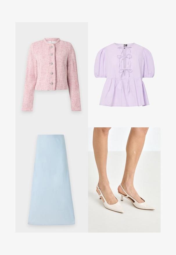 Lühike roosa tweed jakk ümarate krae, viie hõbedase nööbiga ja pikkade varrukatega. Tekstuuriga kangas, millel on toda herringbone muster.; Lilla puuvillane pluus puff varrukatega, millel on V-kaelus esikinnitus ja volangiga allääs. Sile tekstuur ilma mustriteta.; Helehelesin sinine A-line seelik, mis on valmistatud siledast kangast, omades puhta disaini ilma nähtavate mustrite või aksessuaarideta, ulatudes keskmise pikkuseni.; Beesek patentnaha slingback kontsad 5 cm kontsaga, millel on terav nina ja lõigatud külgedega ning õhuke pahkluu rihm.