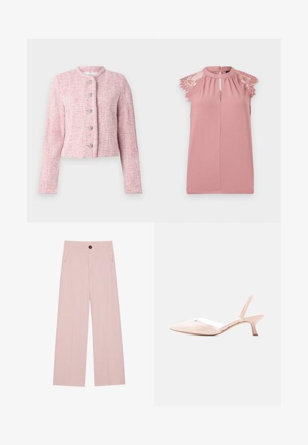 Kurze pinke Tweedjacke mit rundem Kragen, fünf silbernen Knöpfen und langen Ärmeln. Textil mit durchgehendem Fischgrätmuster.; Rosa ärmellose Bluse mit Spitzenakzenten an den Schultern, Schlitz am Ausschnitt und weicher Stoffstruktur.; Helle rosa weite Hosen aus glattem Stoff, mit einem Frontknopfverschluss, zwei Seitentaschen und einer taillierten Silhouette.; Nackter Slingback-Kittenheel aus Lackleder mit spitz zulaufender Schuhspitze und niedrigem, geschwungenem Absatz vor einfachem, hellem Hintergrund.
