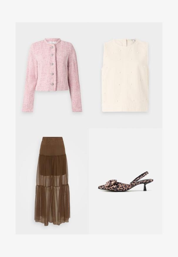 Kurze pinke Tweedjacke mit rundem Kragen, fünf silbernen Knöpfen und langen Ärmeln. Textil mit durchgehendem Fischgrätmuster.; Ärmelloses cremefarbenes Oberteil mit rundem Ausschnitt, Textilstruktur und verziert mit kleinen runden Perlenakzenten. Verfügt über einen Reißverschluss auf der Rückseite.; Brauner gestufter Rock mit einem strukturierten Mesh-Overlay und elastischem Bund. Verfügt über drei Lagen aus transparenter Stoff, die eine leicht fallende Silhouette bieten.; Pumps mit spitz zulaufender Zehenpartie und Slingback in Leopardenmuster mit einem Schleifenakzent, ausgestattet mit einem niedrigen schwarzen Absatz und glatter Textur.