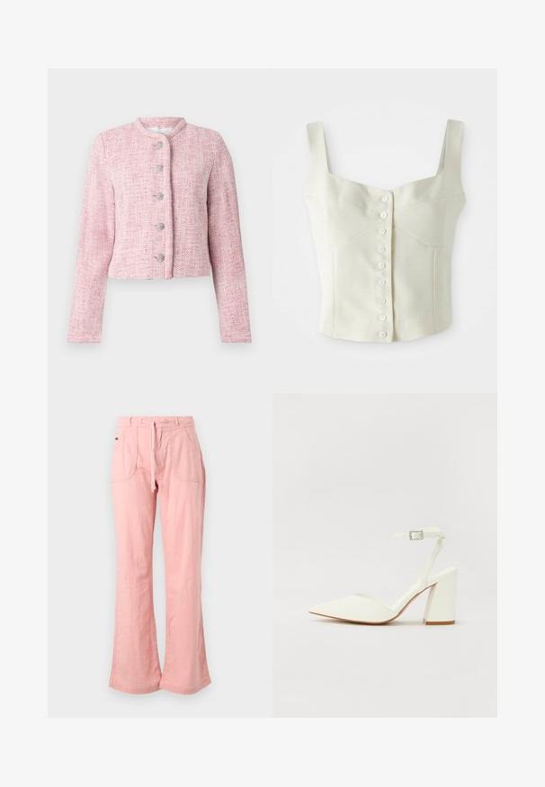 Kurze pinke Tweedjacke mit rundem Kragen, fünf silbernen Knöpfen und langen Ärmeln. Textil mit durchgehendem Fischgrätmuster.; Cremfarbener, ärmelloser Cropped-Top mit breiten Trägern und einer Reihe kleiner weißer Knöpfe in der Mitte.; Helle rosa, weite Hosen aus einem weichen Stoff, mit einem Kordelzugbund, zwei vorderen Taschen und einer strukturierten Oberfläche.; Weißer sandal mit Absatz und spitzem Zehenbereich, verstellbarem Knöchelriemen und chunky quadratischem Absatz. Glatte Textur mit minimalen Nähdetails.