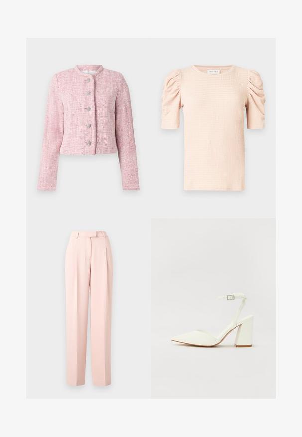 Kurze pinke Tweedjacke mit rundem Kragen, fünf silbernen Knöpfen und langen Ärmeln. Textil mit durchgehendem Fischgrätmuster.; Hellrosa Bluse mit kurzen Ärmeln, aufgepufften Schultern, strukturierter Stoff und rundem Ausschnitt. Auf dem Etikett steht "ANNA FIELD".; Hoch taillierte, hellrosa maßgeschneiderte Hose mit Gürtelschlaufen und schnittgeradem Bein vor einfachem Hintergrund.; Weißer sandal mit Absatz und spitzem Zehenbereich, verstellbarem Knöchelriemen und chunky quadratischem Absatz. Glatte Textur mit minimalen Nähdetails.