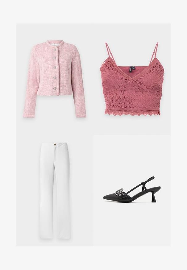 Chaqueta corta de tweed rosa con cuello redondeado, cinco botones plateados y mangas largas. Tejido texturizado con un patrón de espiga en todo el tejido.; Bralette de ganchillo rosa con tirantes ajustables, dobladillo en forma de escallón y intrincados patrones de encaje en toda la tela.; Pantalones blancos de pierna recta con cierre de botón dorado, con frente plano y textura de tela suave. Sin patrones ni adornos visibles.; Simmi London DALA - Tacones - black