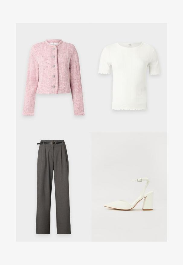 Kurze pinke Tweedjacke mit rundem Kragen, fünf silbernen Knöpfen und langen Ärmeln. Textil mit durchgehendem Fischgrätmuster.; Weißes, kurzärmeliges, geripptes Stricktop mit gewellten Kanten an Ärmeln und Saum, mit rundem Ausschnitt.; Graue Hose mit hohem Bund, Falten und Seitentaschen, kombiniert mit einem dünnen schwarzen Gürtel mit einer runden goldenen Schnalle.; Weißer sandal mit Absatz und spitzem Zehenbereich, verstellbarem Knöchelriemen und chunky quadratischem Absatz. Glatte Textur mit minimalen Nähdetails.