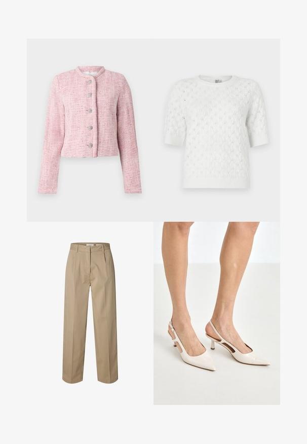 Kurze pinke Tweedjacke mit rundem Kragen, fünf silbernen Knöpfen und langen Ärmeln. Textil mit durchgehendem Fischgrätmuster.; Weißer Strickpullover mit kurzen Ärmeln, der ein Zopfmuster, einen abgerundeten Ausschnitt und einen gerippten Saum aufweist. Hergestellt aus einem leichten, strukturierten Stoff.; Beige gerade geschnittene Hose mit Gürtelschlaufen, vorne Reißverschluss und Hakenverschluss sowie dezenten vorderen Falten für einen maßgeschneiderten Look.; Beige Lackleder Slingback-Absätze mit spitzem Fuß und 5 cm Absatz, mit ausgeschnittenen Seiten und einem schmalen Knöchelriemen.