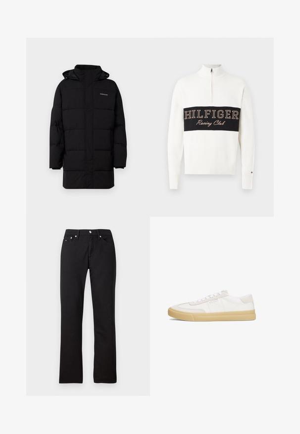 Guess Jeans PUFFER JACKET - Winterjacke - jet black; Weißer Pullover mit Reißverschluss und Rippbündchen, ausgestattet mit einem schwarzen horizontalen Band, auf dem "HILFIGER Racing Club" in Beige gestickt ist. Weiche Stricktextur.; Schwarze, gerade Jeans aus einem Baumwollmischgewebe. Mit Gürtelschlaufen, Taschen vorne und silberfarbigen Knöpfen. Keine sichtbaren Muster.; Weiße Sneaker aus Leder und Wildleder, mit einem Schnürdesign, einer hellbraunen Gummisohle und einem kleinen Logo an der Seite.