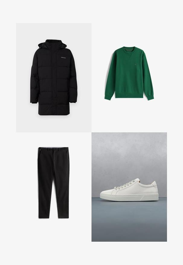 Guess Jeans PUFFER JACKET - Winterjacke - jet black; Grüner Baumwollpullover mit langen Ärmeln, Rundhalsausschnitt und gerippten Bündchen. Verfügt über ein kleines gesticktes Logo auf der Brust.; Schwarze Chinos aus einem Baumwoll-Mischgewebe, mit einem geraden Bein-Design, vorderen Taschen und einem dezenten Logo-Detail am Bund.; Weißes Leder-Sneaker mit abgerundetem Zehenbereich, minimalistisches Design, graue Schnürsenkel und einer strukturierten grauen Gummisohle. Dezente Nähte sichtbar.