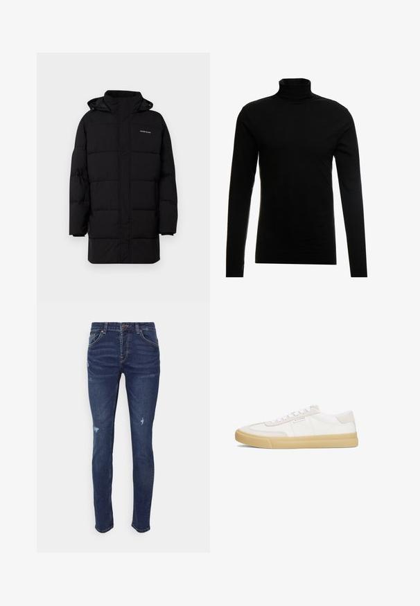 Guess Jeans PUFFER JACKET - Winterjas - jet black; Zwart lange mouwen coltrui. Gemaakt van gladde stof, heeft een aansluitend ontwerp en hoge halslijn. Eenvoudige en veelzijdige stijl.; Only & Sons ONSLOOM LIFE SLIM BOX - Slim fit jeans - dark blue denim; Witte sneakers van leer en suède, met een vetersluiting, een tan rubberen zool en een klein logo aan de zijkant.