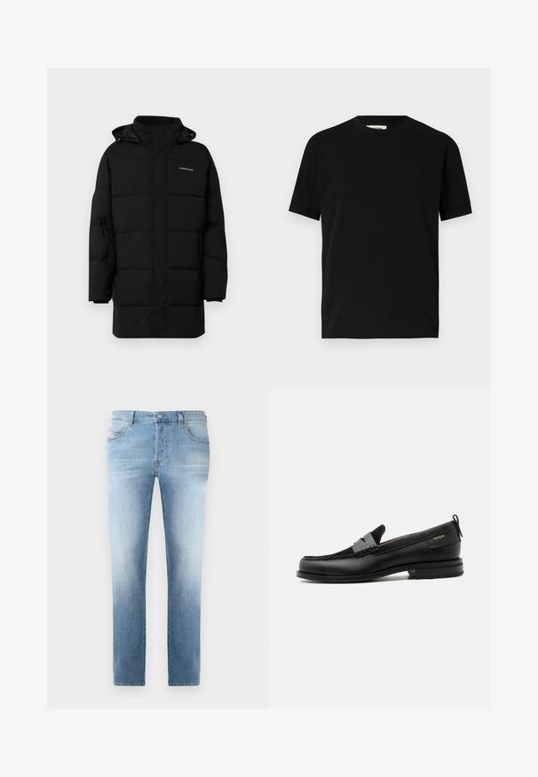 Guess Jeans PUFFER JACKET - Winterjacke - jet black; Schwarzes kurzärmliges T-Shirt aus Baumwolle mit Rundhalsausschnitt und lockerer Passform. Sanfte Textur, keine Muster oder sichtbaren Logos.; Hellblaue Jeans aus Denim mit leicht ausgewaschenem Finish, gerades Bein, fünf Taschen und metallischem Knopfverschluss am Bund.; Schwarzer Lederloafer mit grauem Riemendetail, niedrigem Absatz und strukturierter Sohle, seitlich mit „HUGO“ in Gold gebrandmarkt.