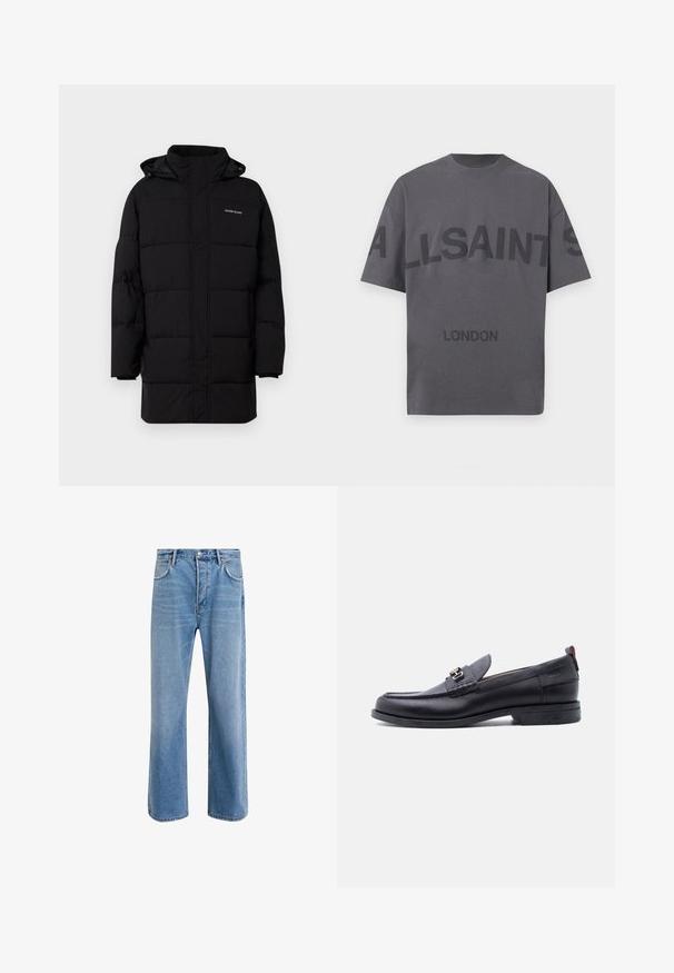 Guess Jeans PUFFER JACKET - Talvejope - jet black; Hall gray t-särk, millel on ümar kaelus. Esiküljel on julged mustad tähed "ALLSAINTS" ja all "LONDON". Lühikesed varrukad.; Heledad sinine teksapüksid otse lõikega, viie taskuga, nupuga sulgemine, minimaalne kulumine ja kontrastsed õmbluse detailid.; Mustast nahast mokassiin halli tekstuuriga pealse ja hõbedase metallist pandlaga, madala kontsaga ja tagant tõmblukuga.