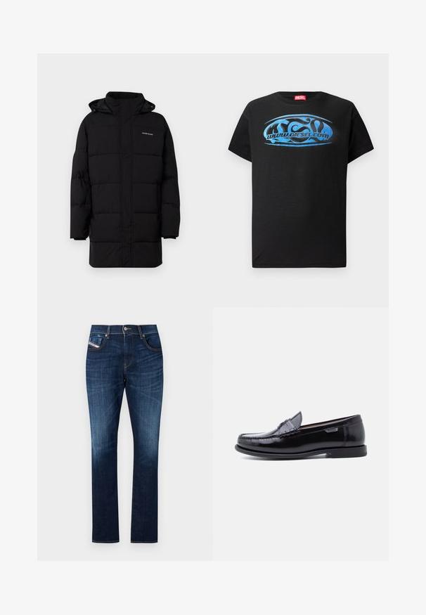 Guess Jeans PUFFER JACKET - Winterjacke - jet black; Schwarzes T-Shirt mit kurzen Ärmeln aus Baumwolle, das ein blaues Grafik-Logo-Design mit dem Text "www.diesel.com" auf der Front zeigt.; Dunkelblaue Denim-Jeans mit geradem Schnitt, Fünf-Taschen-Design, dezentem Ausbleichen und Kontrastnähten entlang der Nähte.; Schwarze Leder-Loafer mit glänzendem Finish, mit einer gesteppten Verzierung auf der Zehenpartie und einer niedrigen, strukturierten schwarzen Gummisohle.