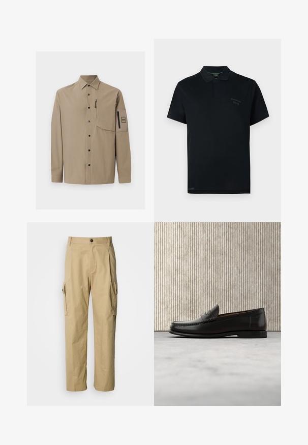 Chemise beige à manches longues avec col, boutons-pression noirs, une poche poitrine zippée et une poche plaquée zippée sur la manche gauche.; Polo noir à manches courtes avec col, patte de boutonnage cachée et petit logo noir "Porsche BOSS" sur le côté gauche de la poitrine.; Pantalon cargo beige en tissu résistant, avec une coupe décontractée, des poches latérales et une fermeture par bouton à la taille.; Mocassin penny en cuir noir avec talon bas, bout arrondi et détails cousus à l'avant et sur les côtés, présenté sur un fond neutre.