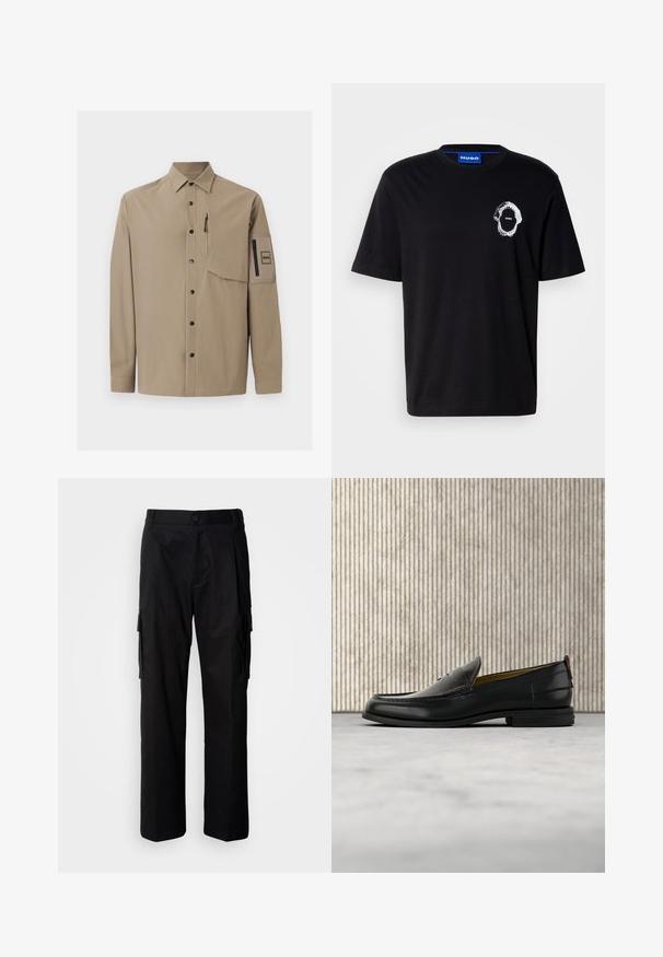Chemise beige à manches longues avec col, boutons-pression noirs, une poche poitrine zippée et une poche plaquée zippée sur la manche gauche.; T-shirt en coton noir avec un col rond, présentant un motif de requin blanc et le logo "Hugo" sur le devant, manches courtes.; Pantalon cargo noir à coupe décontractée, avec poches latérales, fermeture par bouton, et tissu léger et lisse.; Mocassin pour homme en cuir noir avec un dessus embossé effet croco et un petit talon, présenté de profil sur un fond neutre.