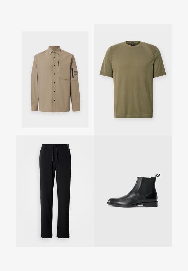 Chemise beige à manches longues avec col, boutons-pression noirs, une poche poitrine zippée et une poche plaquée zippée sur la manche gauche.; Chemise en tricot vert olive à manches courtes avec col et poignets côtelés, arborant le logo "Porsche BOSS" brodé sur la poitrine.; Pantalon noir et léger avec une coupe droite. Doté d'une taille à cordon de serrage et d'une texture lisse. Convient pour une tenue décontractée.; Bottine en cuir noir avec des panneaux latéraux élastiques, bout rond et tirette. Texture lisse, semelle plate, design minimaliste.