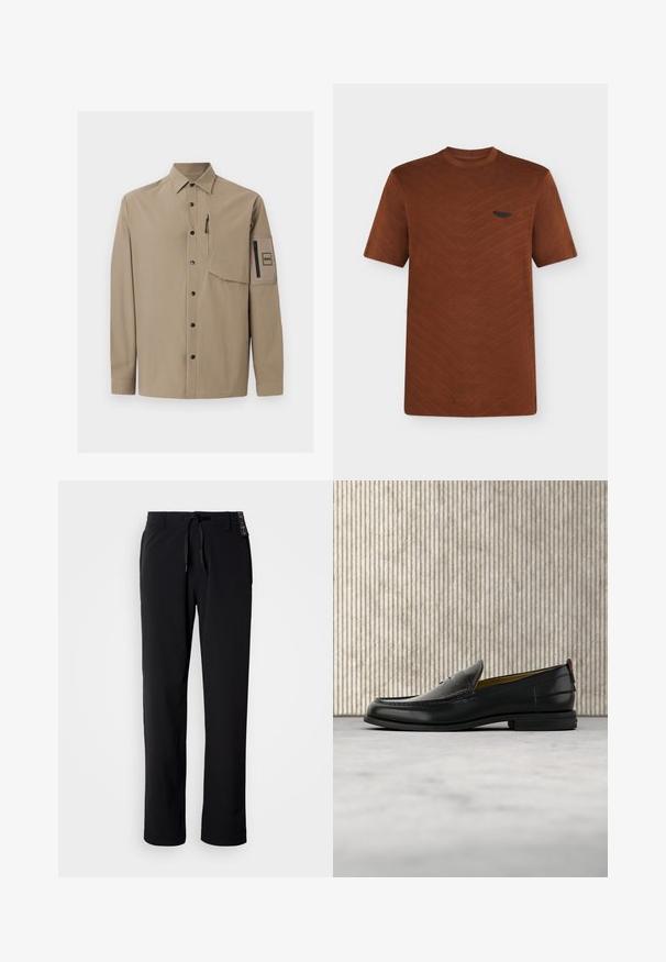 Chemise beige à manches longues avec col, boutons-pression noirs, une poche poitrine zippée et une poche plaquée zippée sur la manche gauche.; T-shirt marron à manches courtes avec un motif chevron subtil et un petit logo foncé sur la poitrine gauche, présenté sur un fond uni.; Pantalon noir et léger avec une coupe droite. Doté d'une taille à cordon de serrage et d'une texture lisse. Convient pour une tenue décontractée.; Mocassin pour homme en cuir noir avec un dessus embossé effet croco et un petit talon, présenté de profil sur un fond neutre.