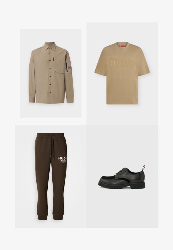 Chemise beige à manches longues avec col, boutons-pression noirs, une poche poitrine zippée et une poche plaquée zippée sur la manche gauche.; T-shirt beige à manches courtes avec col rond et logo embossé "HUGO" centré sur la poitrine.; Pantalons de survêtement marron en tissu doux, dotés d'une taille élastique avec cordon de serrage et d'un logo blanc sur le devant.; Chaussure noire en cuir à lacets avec semelle épaisse crantée et languette rouge à l'arrière, vue de profil sur un fond gris clair.
