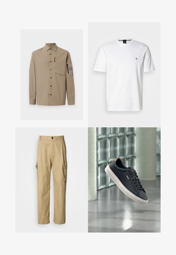 Chemise beige à manches longues avec col, boutons-pression noirs, une poche poitrine zippée et une poche plaquée zippée sur la manche gauche.; T-shirt en coton blanc avec un col rond, des manches courtes et un petit logo sur la poitrine gauche. Texture lisse, coupe classique.; Pantalon cargo beige en tissu résistant, avec une coupe décontractée, des poches latérales et une fermeture par bouton à la taille.; Baskets basses noires à lacets avec semelle blanche et languette marron au talon, de marque "BOSS", flottant à l'intérieur près d'un mur en blocs de verre.