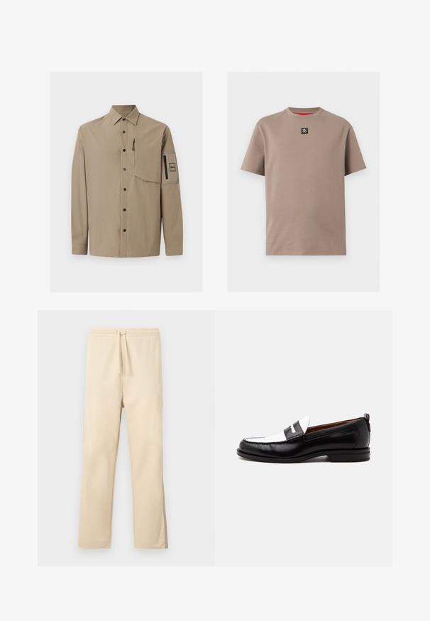 Chemise beige à manches longues avec col, boutons-pression noirs, une poche poitrine zippée et une poche plaquée zippée sur la manche gauche.; T-shirt beige à manches courtes avec col rond et petit patch logo noir "HUGO" centré sous le col.; Pantalon de survêtement beige en tissu doux, doté d'une taille élastique avec cordon de serrage, jambes droites et détail de poche latérale.; Mocassin en cuir noir et blanc avec des détails cousus, un petit talon et un design slip-on, présenté de profil sur un fond uni.